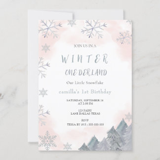 Winter Onederland Waterverf Roze 1e verjaardag Kaart
