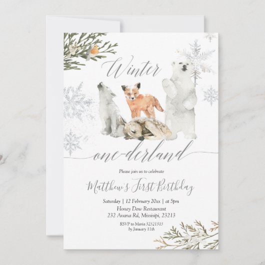 Winter Onederland Woodland Animal Birthday Kaart (Voorkant)