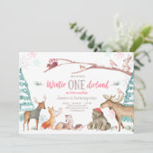 Winter ONEderland Woodland Pink Birthday Kaart (Staand voorkant)
