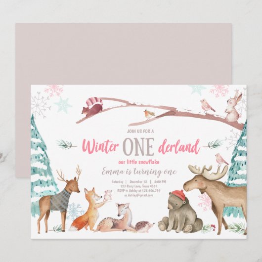 Winter ONEderland Woodland Pink Birthday Kaart (Voorkant / Achterkant)