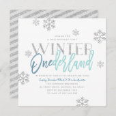 Winter ONEderland Zilver Glitter Blauw 1e Verjaard Kaart (Voorkant / Achterkant)