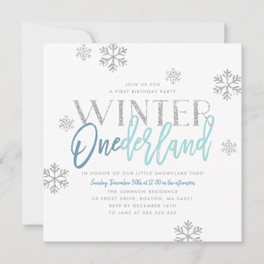 Winter ONEderland Zilver Glitter Blauw 1e Verjaard Kaart (Voorkant)