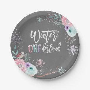 Winter ONEderland Zilver Glitter Roze Bloemenmeisj Papieren Bordje