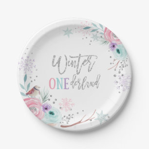 Winter ONEderland Zilver Glitter Roze Bloemenmeisj Papieren Bordje