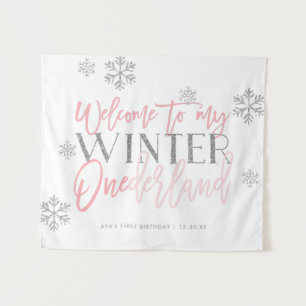 Winter ONEderland Zilver Glitter Roze Welkom Bord Wandkleed