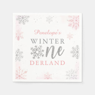 Winter Onederland Zilver Roze Meisje 1e verjaardag Servet