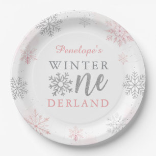 Winter Onederland Zilveren Roze Glitter 1e Verjaar Papieren Bordje