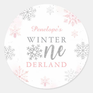 Winter Onederland Zilveren Roze Glitter 1e Verjaar Ronde Sticker