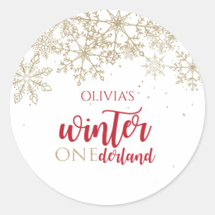 Winter ONEdernald Red en Gold Snowflake Verjaardag Ronde Sticker