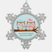 Winter Owl Familie van Vier Tin Sneeuwvlok Ornament (Voorkant)