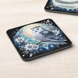 Winter Owl Glas in lood Elegant Snowy Nocturnal Bier Onderzetter