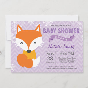 Winter Paarse Fox Girl Baby shower Uitnodiging