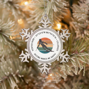 Winter Park, Colorado - Vrouw skiër, zwarte tekst Tin Sneeuwvlok Ornament