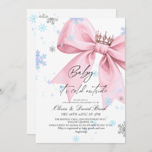 Winter Pastel Pink Bow Baby Shower Kaart (Voorkant / Achterkant)