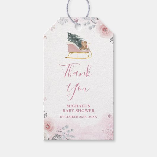 Winter Pastel Pink Snowflake Sleigh Baby Shower Cadeaulabel (Voorkant)