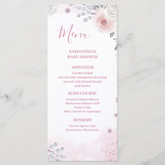 Winter Pastel Pink Snowflake Sleigh Baby Shower Menu (Voorkant)