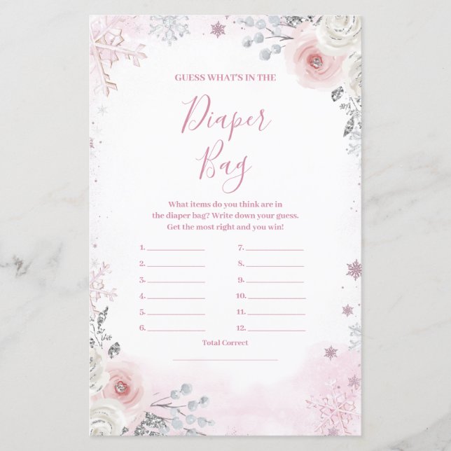 Winter Pastel Pink Snowflake What's in Diaper Bag (Voorkant)