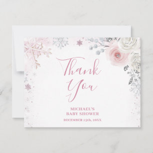 Winter Pastel Roze Sneeuwvlok Slee Baby Shower Bedankkaart