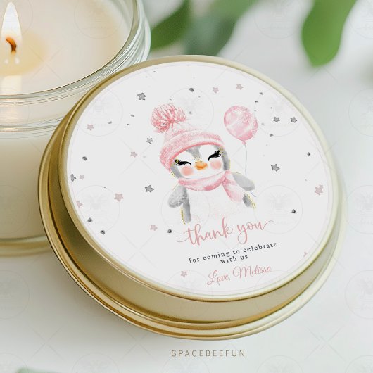 Winter Penguïn babyshower Ronde Sticker