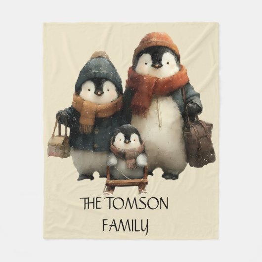 Winter Penguin Family Personalized Design Fleece Deken (Voorkant)