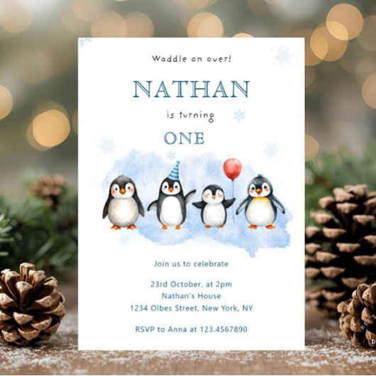Winter Penguin First Birthday Invitation
