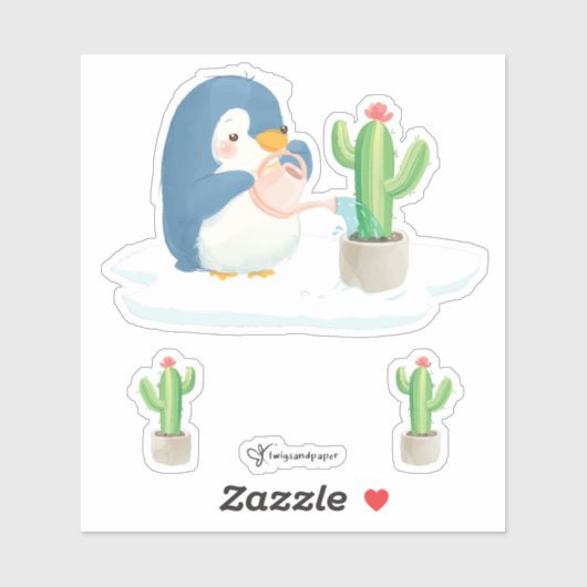 Winter Penguin Gardener Planting Cactus Sticker (Vel)