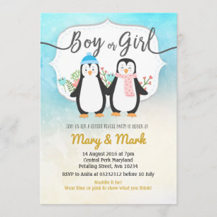 Winter Penguin Gender Reveal party Kaart