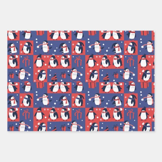 Winter Penguin Pattern Blue Wrapping Paper  (Voorkant 3)
