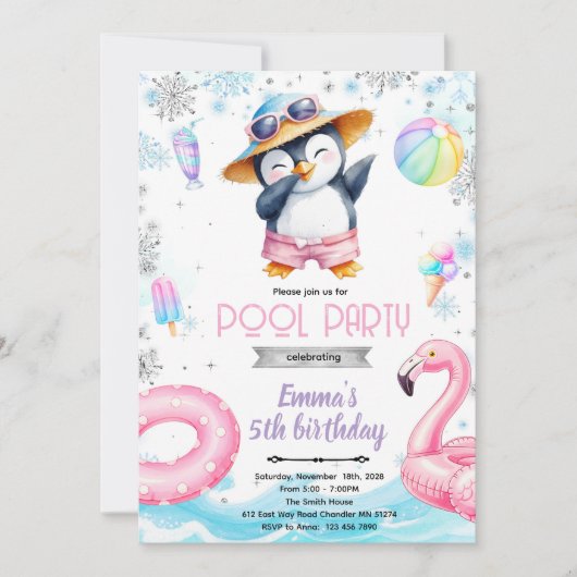 Winter penguin pool theme invitation (Devant)