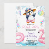 Winter penguin pool theme invitation (Devant / Derrière)