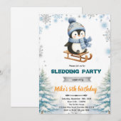 Winter penguin sledding invitation (Devant / Derrière)