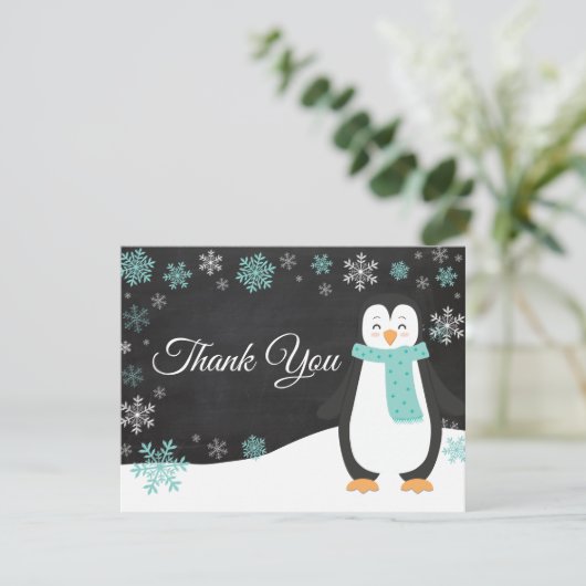 Winter Penguin Snowflake Aqua Hartelijk dank Bedankkaart (Staand voorkant)