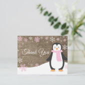 Winter Penguin Snowflake Roze Hartelijk dank Bedankkaart (Staand voorkant)