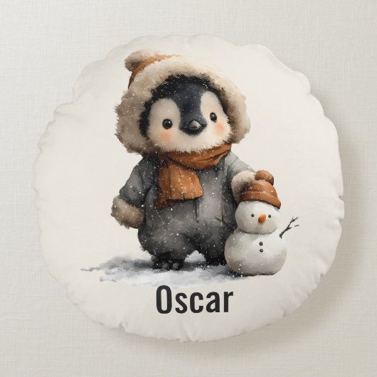 Winter Penguin with Snowman Design Rond Kussen (Voorkant)