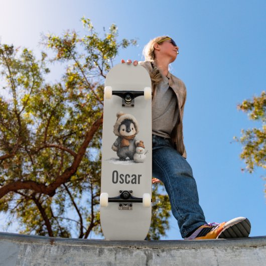 Winter Penguin with Snowman Design Skateboard (Buiten 1)