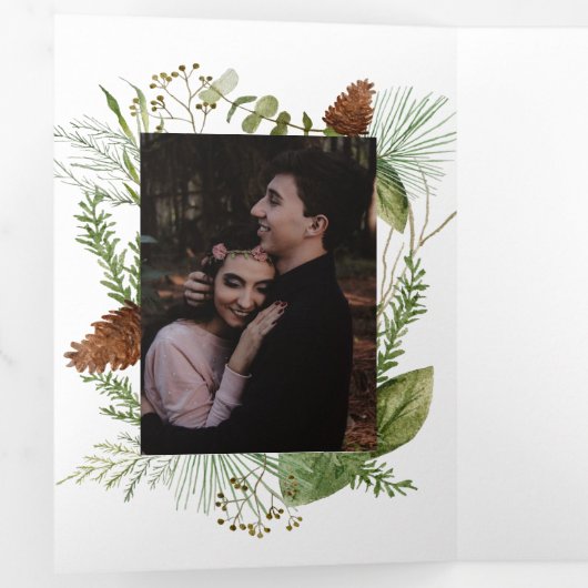 Winter Pijnboomgroen Tri Fold bruiloft uitnodiging (Binnenzijde eerst)