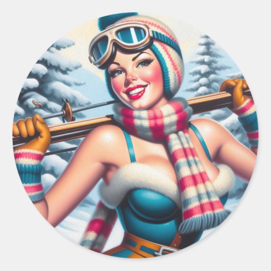 Winter Pin-up Meisje Ronde Sticker (Voorkant)