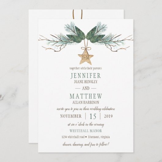 Winter Pine Branches Pine Cones Star Wedding Kaart (Voorkant / Achterkant)