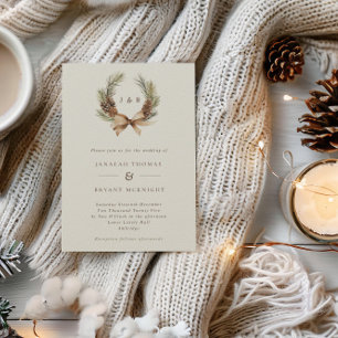 Winter Pine Cone & Leaves Krans Monogram Huwelijk Kaart
