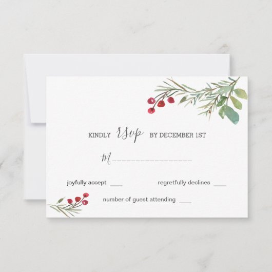 Winter Pine Cones Berry Wedding RSVP Kaartje (Voorkant)