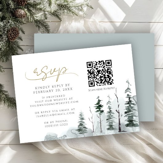 Winter Pine Forest Sage QR Code Wedding RSVP Informatiekaartje