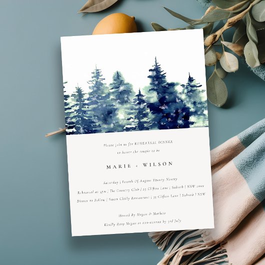 Winter Pine Forest Snowfall Navy Rehearsal Dinner Kaart