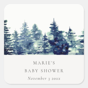 Winter Pine Forest Snowfall Waterverf Baby shower Vierkante Sticker