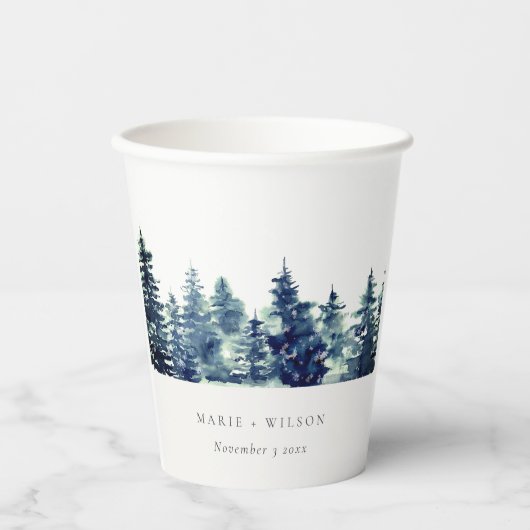 Winter Pine Forest Snowfall Waterverf Wedding Papieren Bekers (Voorkant)