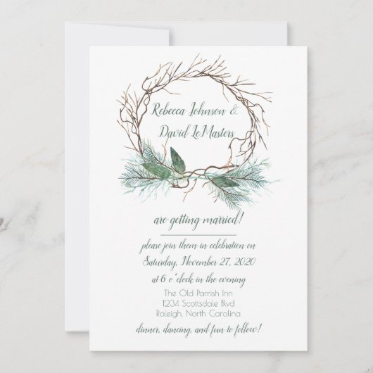 Winter Pine Grapevine Krans bruiloft uitnodiging (Voorkant)