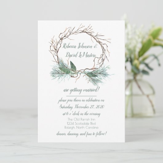 Winter Pine Grapevine Krans bruiloft uitnodiging (Staand voorkant)