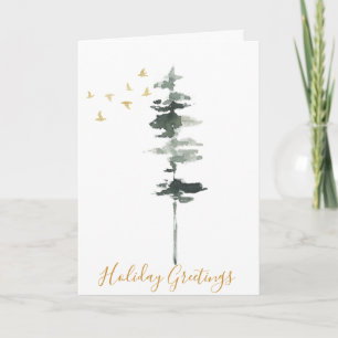 Winter Pine Tree and Birds Waterverf Kaart