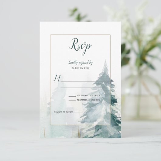 Winter Pine Tree Buffel Plaid Bruiloft RSVP (Staand voorkant)
