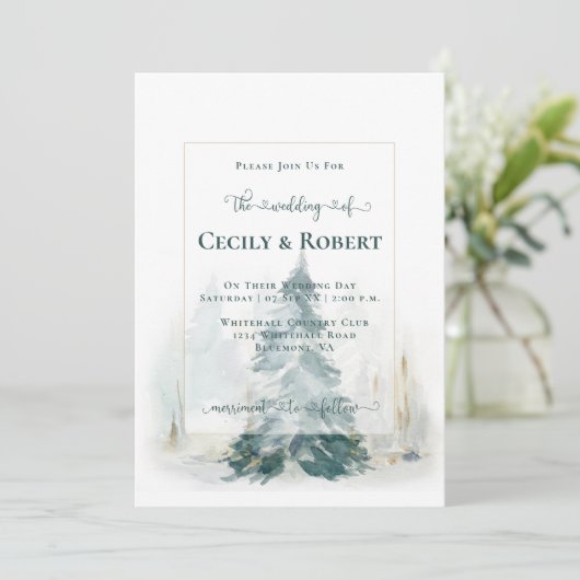 Winter Pine Tree en Buffalo Plaid Bruiloft Kaart (Staand voorkant)
