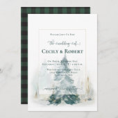 Winter Pine Tree en Buffalo Plaid Bruiloft Kaart (Voorkant / Achterkant)